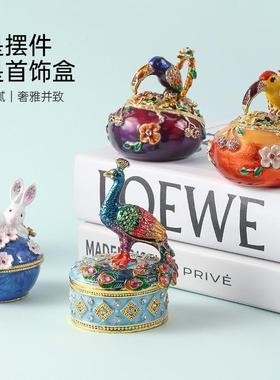 客厅摆件珐琅彩大嘴鸟花篮盒圣诞小礼品合金首饰盒厂家直销