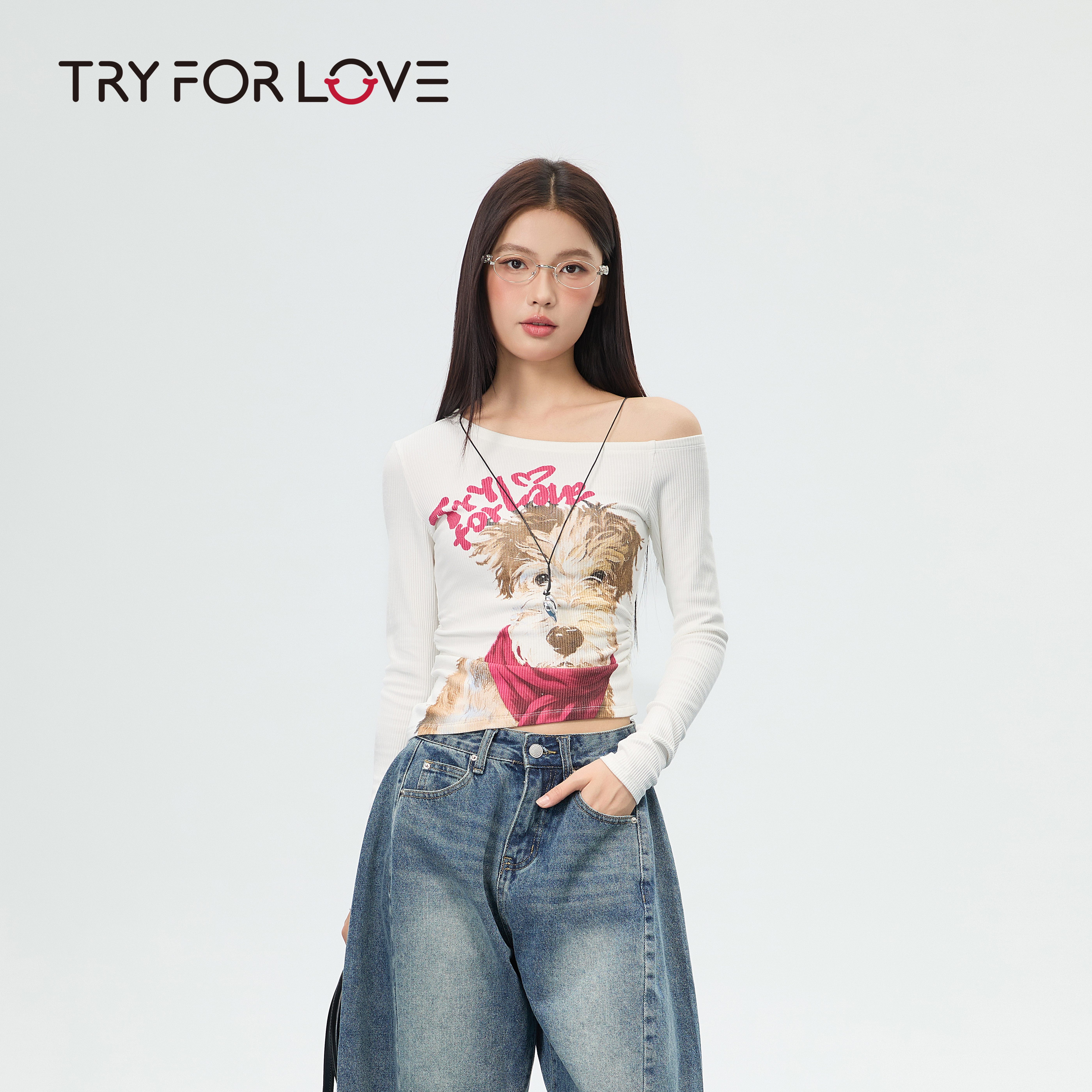 TRYFORLOVE美式油画狗斜肩性感长袖t恤女春秋款百搭修身露肩上衣 - 图1