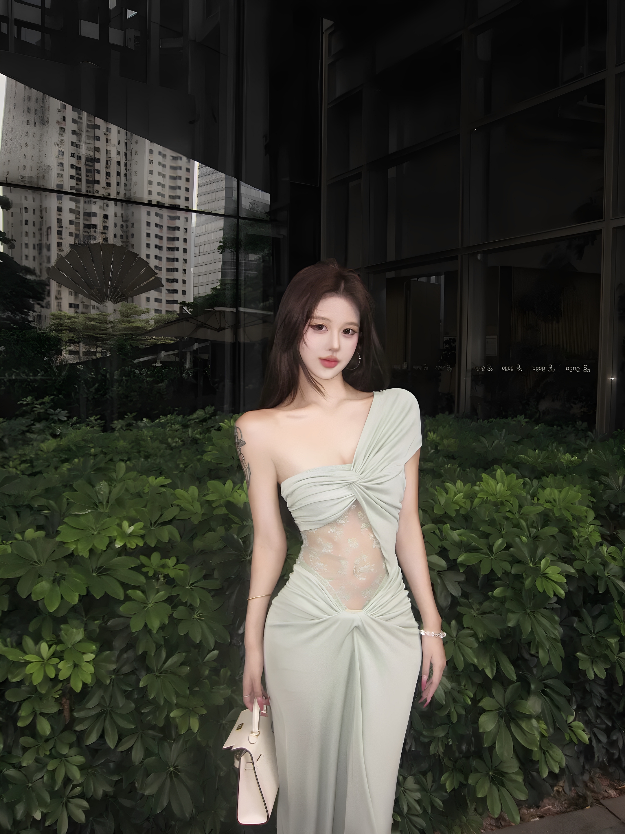 茉丽辣妹蕾丝拼接收腰连衣裙2025夏扭结露肩鱼尾包臀长裙性感裙子 - 图0