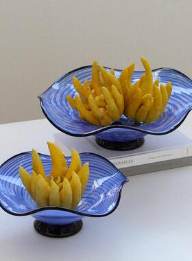 设计师严选简约现蓝色条纹玻璃水果盘客厅茶几餐桌面创意收纳盘