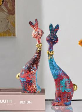 欧创意抽象油画兔子佳艺节送礼脂式工MZ025062品卧室桌面兔树子装