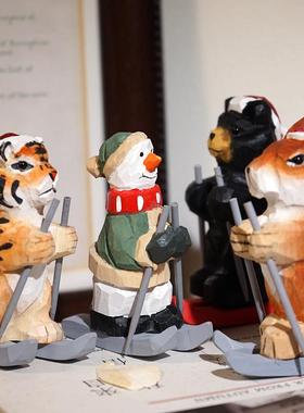 “滑雪公园”手工木雕装饰品可爱的卡通动物雪橇桌面圣诞装饰品