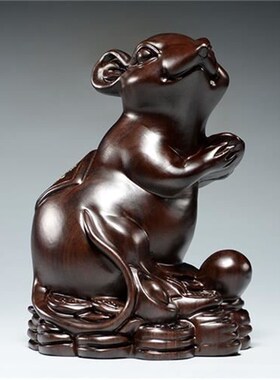 速发花梨木雕刻居鼠摆件十二生肖摆设木鼠家老装饰红木工艺品新居