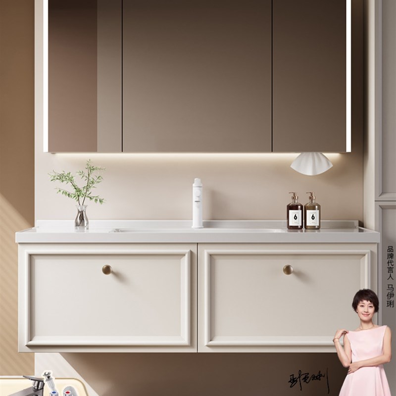 四季沐歌法式奶油风橡胶木浴室柜组合陶瓷一N体盆洗手脸盆池洗漱 - 图0