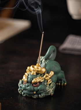 创意元宝金毛吼招k财摆件国潮貔貅线香插香托香道家居客厅桌面装