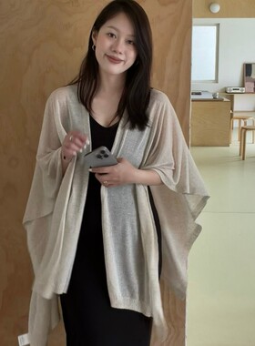 春夏度假防晒亚麻针织开衫披肩女空调房罩衫吊带裙子搭配斗篷披风