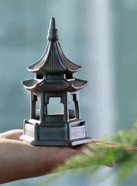 极速新品复古镂空陶瓷六角亭宝塔摆件盘景微景观假山鱼缸造景茶宠