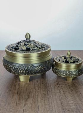 黄铜荷花三足香炉黄铜精雕铜摆件莲花神话家用香道沉香安神盘香炉