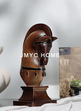 中古风创意木纹马首雕塑饰品玄关酒店办公室别墅客厅酒柜桌面摆件