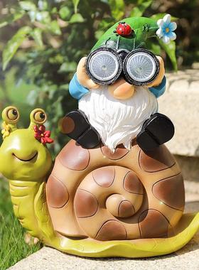 侏儒蜗牛太阳能灯摆件花园精灵矮人复古树脂雕像装饰工艺品