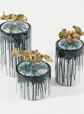 新中式陶瓷储物罐黄铜树叶把手客厅家居饰品别墅售楼处装饰柜摆件