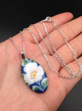 好时光日本九谷烧项链清新手绘陶瓷花叶古典水滴短项链