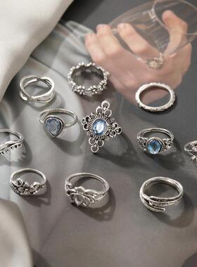 好货rings women 11pcs set 雕花镶钻星空宝石树叶复古关节戒指11