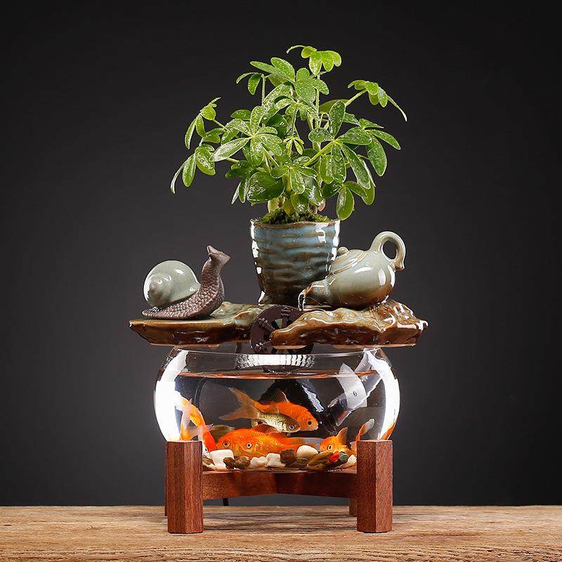 新中式流水玻璃鱼缸摆件小型桌面客厅茶桌办公室装饰品循环水景观,淘宝优惠券,粉丝福利购,淘宝优惠卷