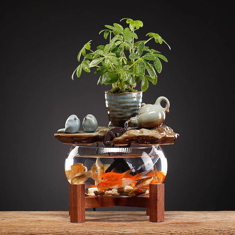 新中式流水玻璃鱼缸摆件小型桌面客厅茶桌办公室装饰品循环水景观,淘宝优惠券,粉丝福利购,淘宝优惠卷