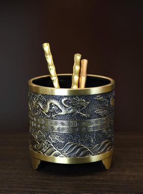 全黄铜龙凤祥云笔筒摆件办公室家居工艺品文房用品书桌装饰品香炉