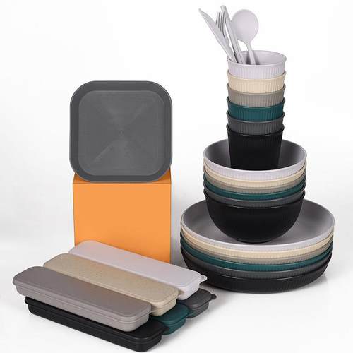 竖纹碗碟盘6人份小麦秸秆PP盘碗杯碟刀叉勺筷餐具套装 - 图0