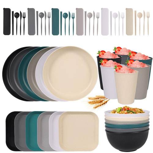 竖纹碗碟盘6人份小麦秸秆PP盘碗杯碟刀叉勺筷餐具套装 - 图1