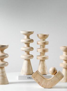 新中式复古侘寂风黑色碳化实木蜡烛台摆件样板间餐桌托盘果盘装饰