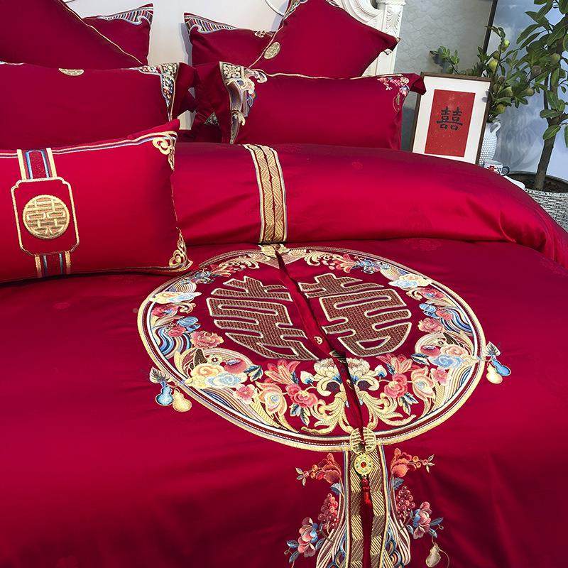 婚庆家新纺嫁全棉刺喜绣贡缎H1108提花四件套结婚床上用品娘妆被,淘宝优惠券,粉丝福利购,淘宝优惠卷