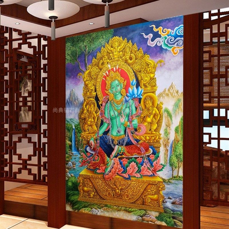 尼泊尔藏传唐卡DIY方钻满钻钻石画纽瓦丽绿度母粘贴钻点钻十字绣,淘宝优惠券,粉丝福利购,淘宝优惠卷