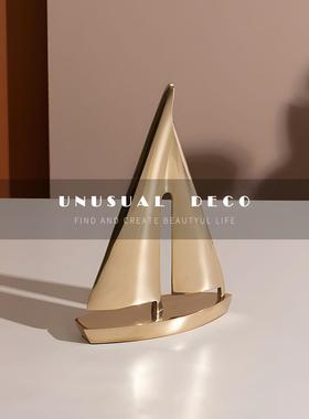 UNUSUAL 印度进口欧式轻奢金色铜制帆船摆件高档书房书桌书柜装饰