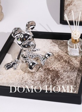 侘寂轻奢马毛几何托盘棋盘格样板房家G居卧室衣帽间床头柜收纳摆