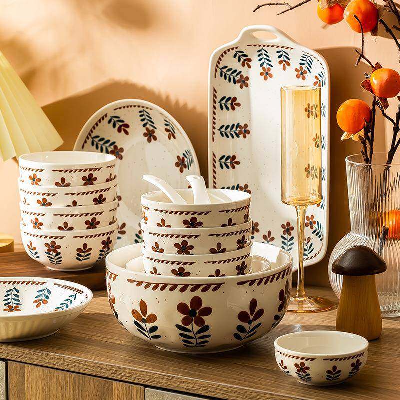 日6570家式碗碟餐盘具套装用复古盘子菜盘高颜值釉下加彩厚长方餐,淘宝优惠券,粉丝福利购,淘宝优惠卷