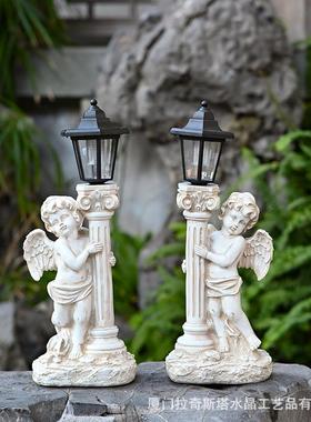 花园罗马柱天使摆件太阳能夜灯庭院摆件欧式树脂天使摆件