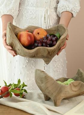 复古木质托盘家用实木果盘波浪造型木头桌面托盘 侘寂风茶盘创意