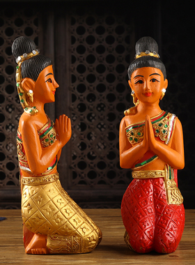 泰国迎宾女跪佛摆件泰式餐厅会所迎客东南O亚风情装饰工艺品实木