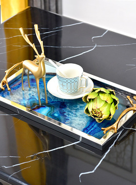 极速北欧轻奢金属玛瑙纹托盘摆件茶盘茶几收纳置物饰品样板房软装