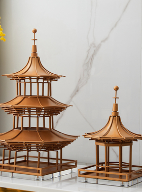 极速中式风格禅意铁艺凉亭摆件客厅酒电视柜玄关博古架建筑塔软装