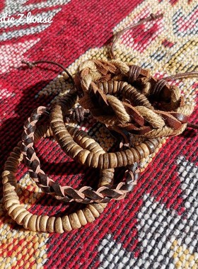 Handmade#民族手工手錬木制皮质麻编手錬欧美ins风波西米亚嬉皮士