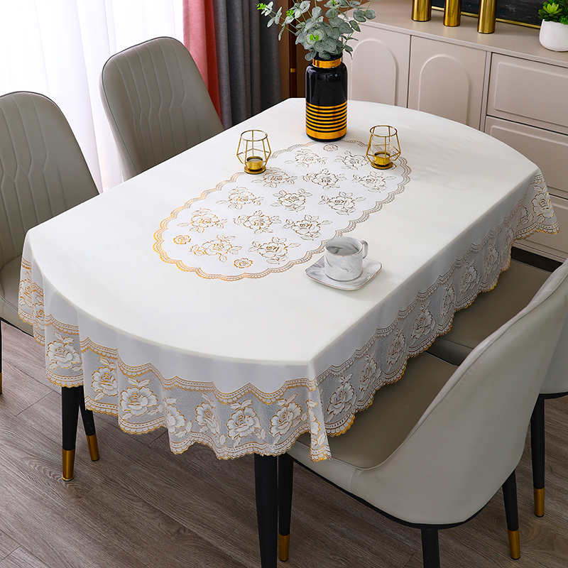 椭圆形餐桌布高端可折叠伸缩桌桌布免洗防水防油蕾丝PVC桌布新款 - 图0