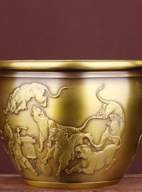 速发全铜水缸摆厅上山虎 下山虎 铜虎缸聚宝盆家居客件玄关装饰工