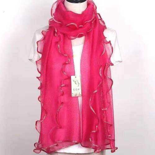 围巾女荷叶边亮丝纯色蕾丝丝巾时尚百搭女士红色民族风洋气薄款 - 图1