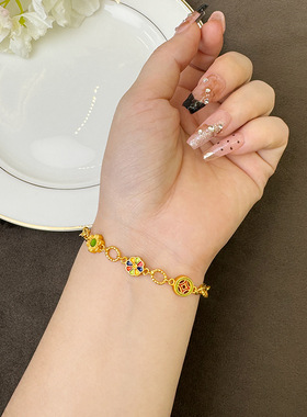 新中式古法沙金手链民族风珐琅滴油格桑花手饰女复古久不掉色饰品