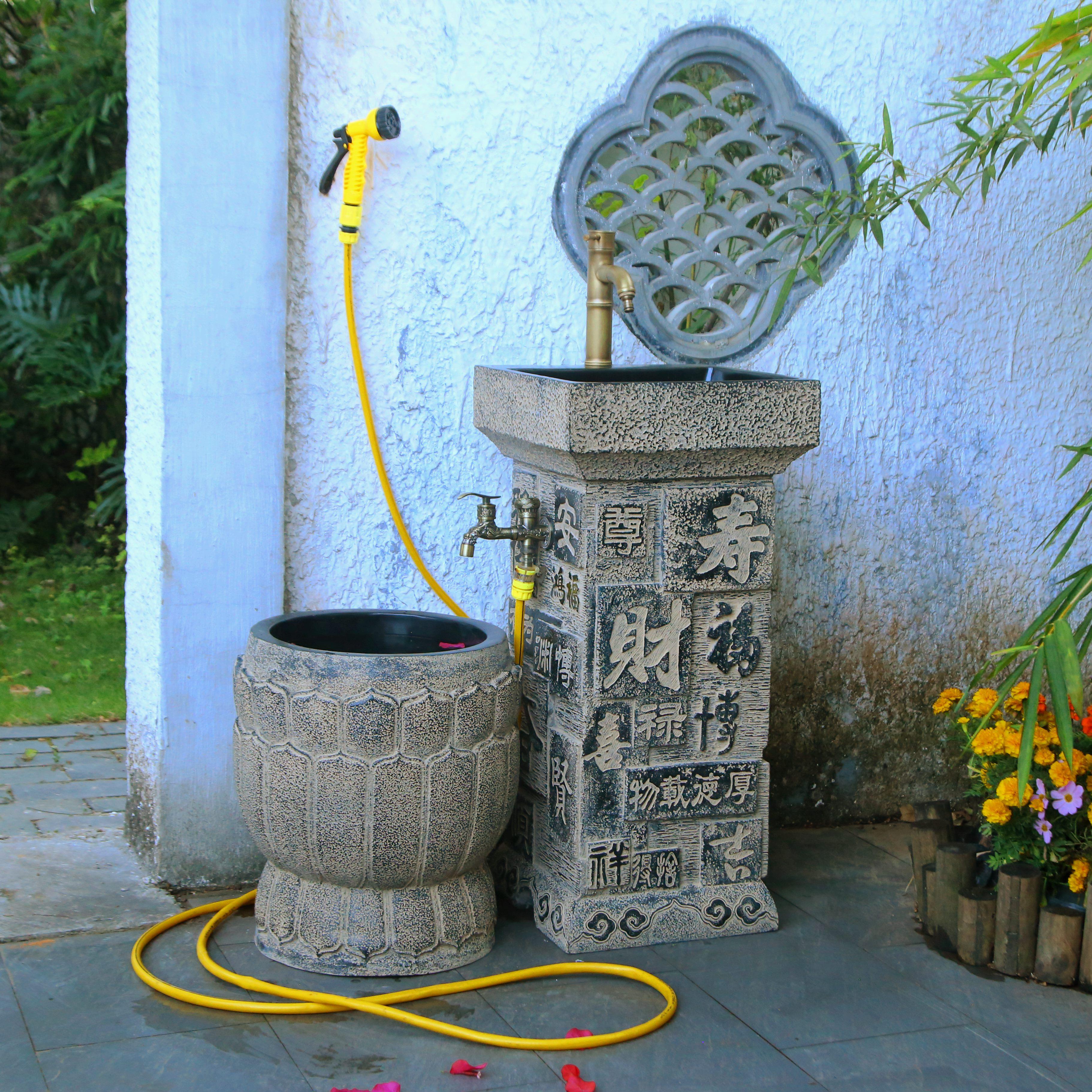 中式复古立柱洗手盆古典雕花文字装饰庭院花园一体台盆浇花拖把池 - 图1