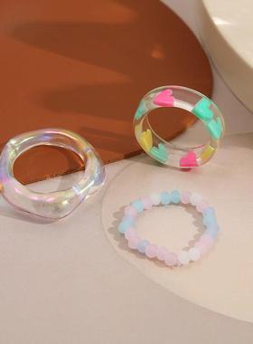 rings women 3pcs set爱心串珠树脂戒指套装时尚气质女士关节戒指