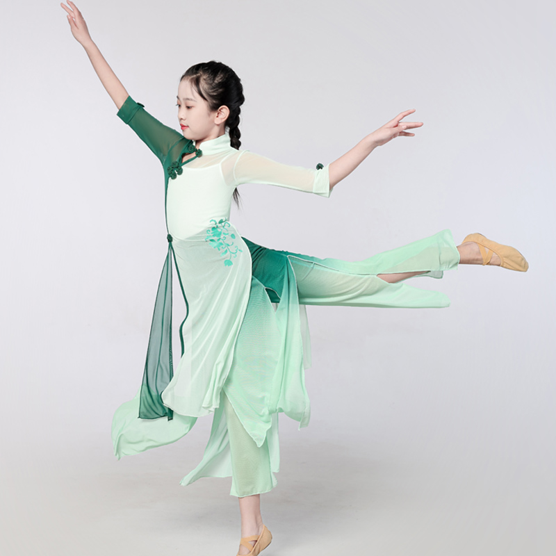 儿童古典舞蹈服飘逸纱衣女童表演练功服民族旗袍服装扇子舞演出服 - 图0