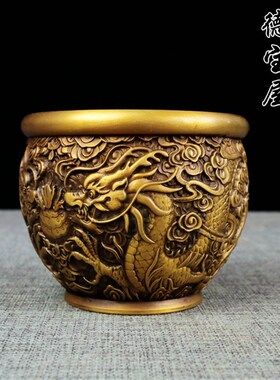极速双龙戏珠纯铜招财铜缸摆件办公室创意多功能烟灰缸香炉聚宝盆