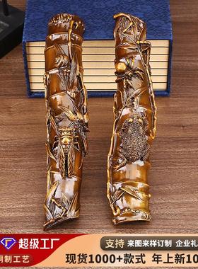 黄铜竹节镇纸书房办公室工艺礼品知足常乐镇尺桌面装饰摆件