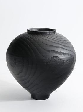轻奢黑色圆肚花瓶桌面树脂工艺品摆件家居客厅装饰办公室高级感