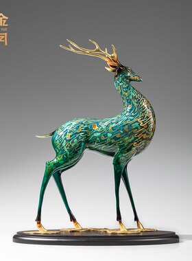 精选《九色鹿》铜金岁月黄铜鹿铜摆件新中式工艺品铜器客厅玄关装