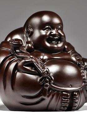 黑檀实木质弥勒佛像摆件如意坐莲笑佛雕刻家居客厅装饰送礼工艺品