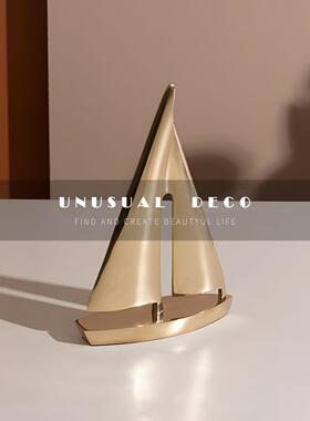 UNUSUAL 印度进口欧式轻奢金色铜制帆船摆件高档书房书桌书柜装饰