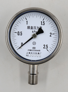 YE-100BF上海天川仪表不锈钢膜盒压力表-1.6-40Kpa真空压力表