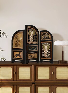 中古风桌面小屏风摆件高级感小众客厅电视柜家居装饰入户玄关摆画