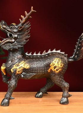 纯铜火麒麟摆件一对财源麒麟家居办公室装饰大号祥瑞公母彩绘麒麟